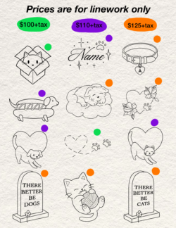 Custom animal and pet-themed tattoo flash sheet for the Neon Tattoos and SCAAR charity fundraiser event.