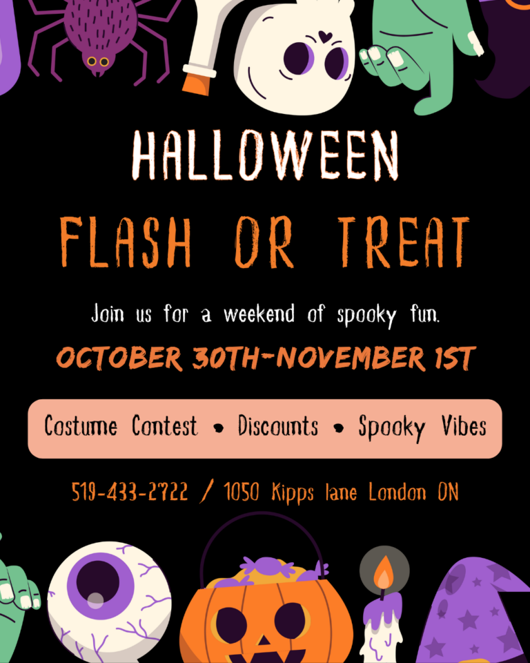 Neon Tattoos and Piercings Halloween tattoo weekend promo banner featuring spooky tattoo flash designs