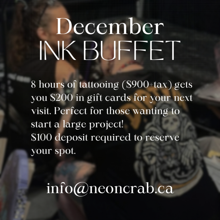 Neon Tattoos & Piercings Ink Buffet tattoo promo banner showing 8 hours of tattoo time for 900 dollars